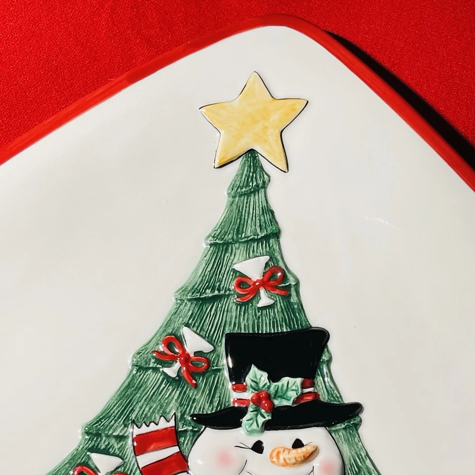 Квадратная тарелка для закусок Fitz and Floyd Classics Cheers Snowman Christmas Tree 8 дюймов - Изображение 4 из 4