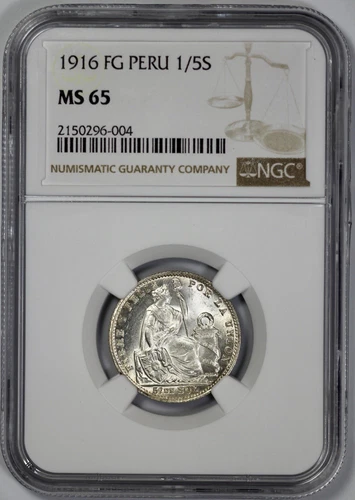 1916 FG Peru Silver 1/5 Sol NGC MS 65