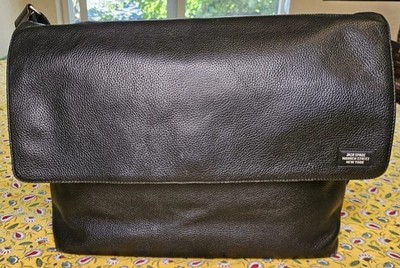 Jack Spade Black Leather Messenger Bag Laptop Briefcase Crossbody Canvas Lined