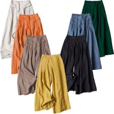 Women Trousers Casual Waist Cropped Leg Pants Wide Culottes Palazzo Elastic MLXL