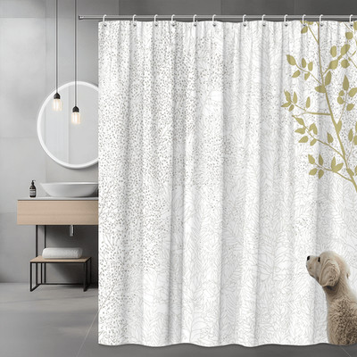 Dog and Leaf Shower Curtain Beige Botanical Print