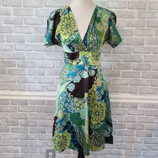 Banana Republic Silk Wrap Dress V-neck Paisley Groovy Hippie Retro 2 Green Blue