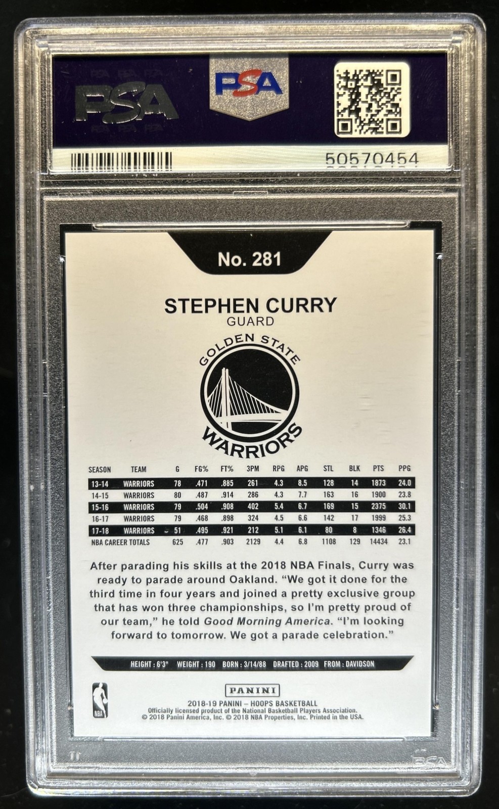 2018-19 Panini Hoops Stephen Curry Silver #/199 Warriors PSA 10 GEM MINT view 2