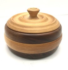 Vtg Turned Mixed Wood Wooden Bowl Trinket w/Finial Lid Lined Interior MCM