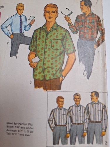 Shirt Button Mens 15 1/2" Simplicity 5029 Sewing Pattern VTG Short Long Sleeve - Picture 2 of 9