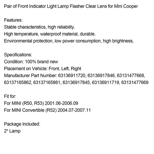 Pair of Front Indicator Light Lamp Flasher Clear Lens for Mini Cooper S11 - Picture 11 of 14