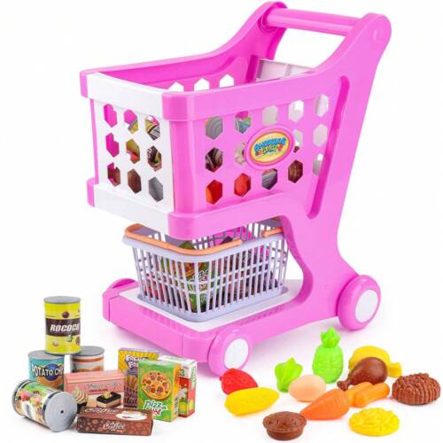 Kids Shopping Cart With Food Shopping Trolley Basket For Toy Shop Kitchen 65 PCS