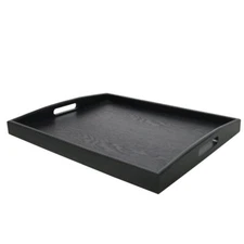 Large Black Wood Serving Tray with Handles Rectangle Butler Tray for Breakfast