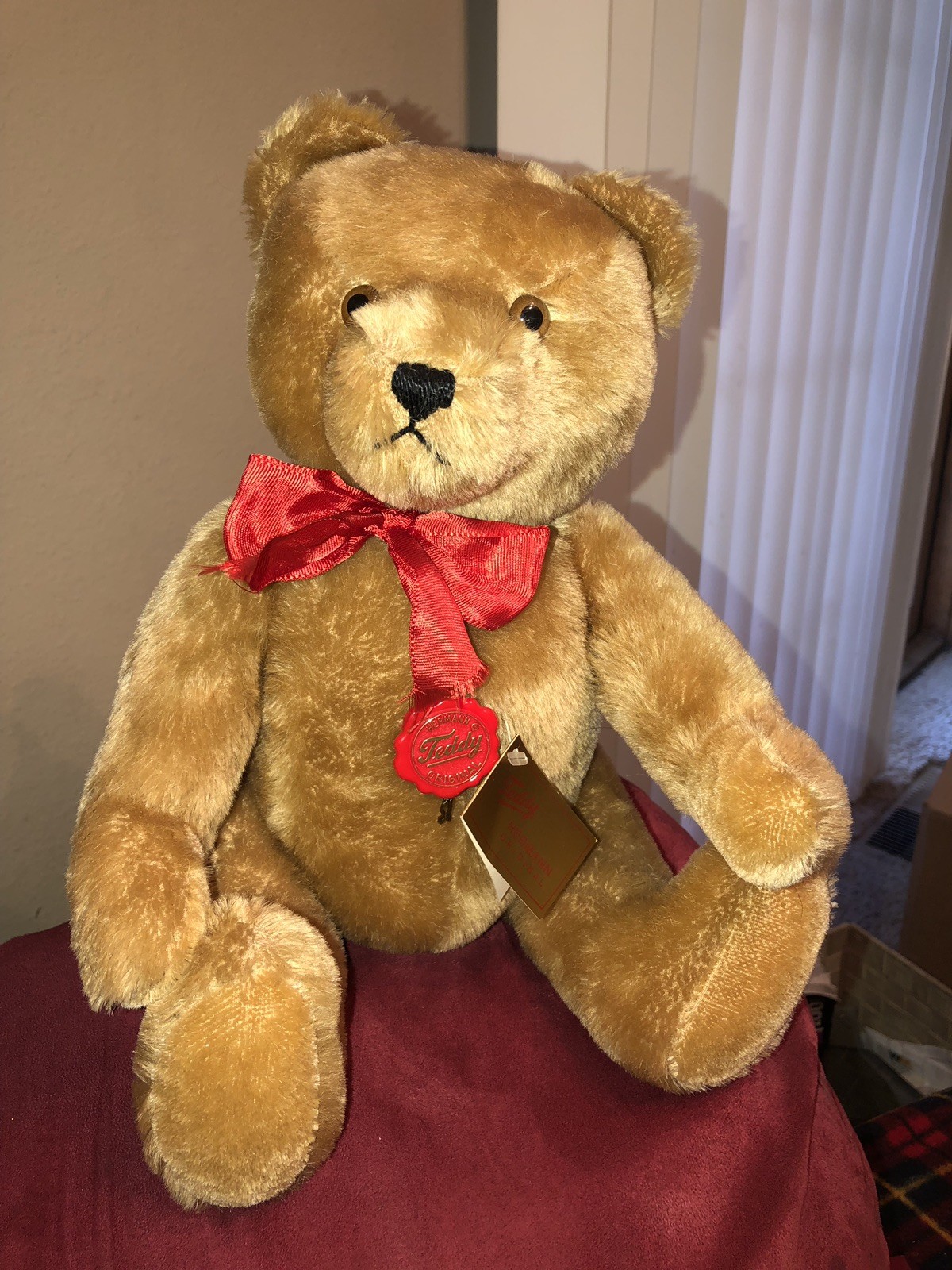 VINTAGE PLUSH TOY GERMAN GERBR HERMANN TEDDY BEAR braun ROT RIBBON VINTAGE PLUSH TOY GERMAN GERBR HERMANN TEDDY BEAR braun ROT RIBBON