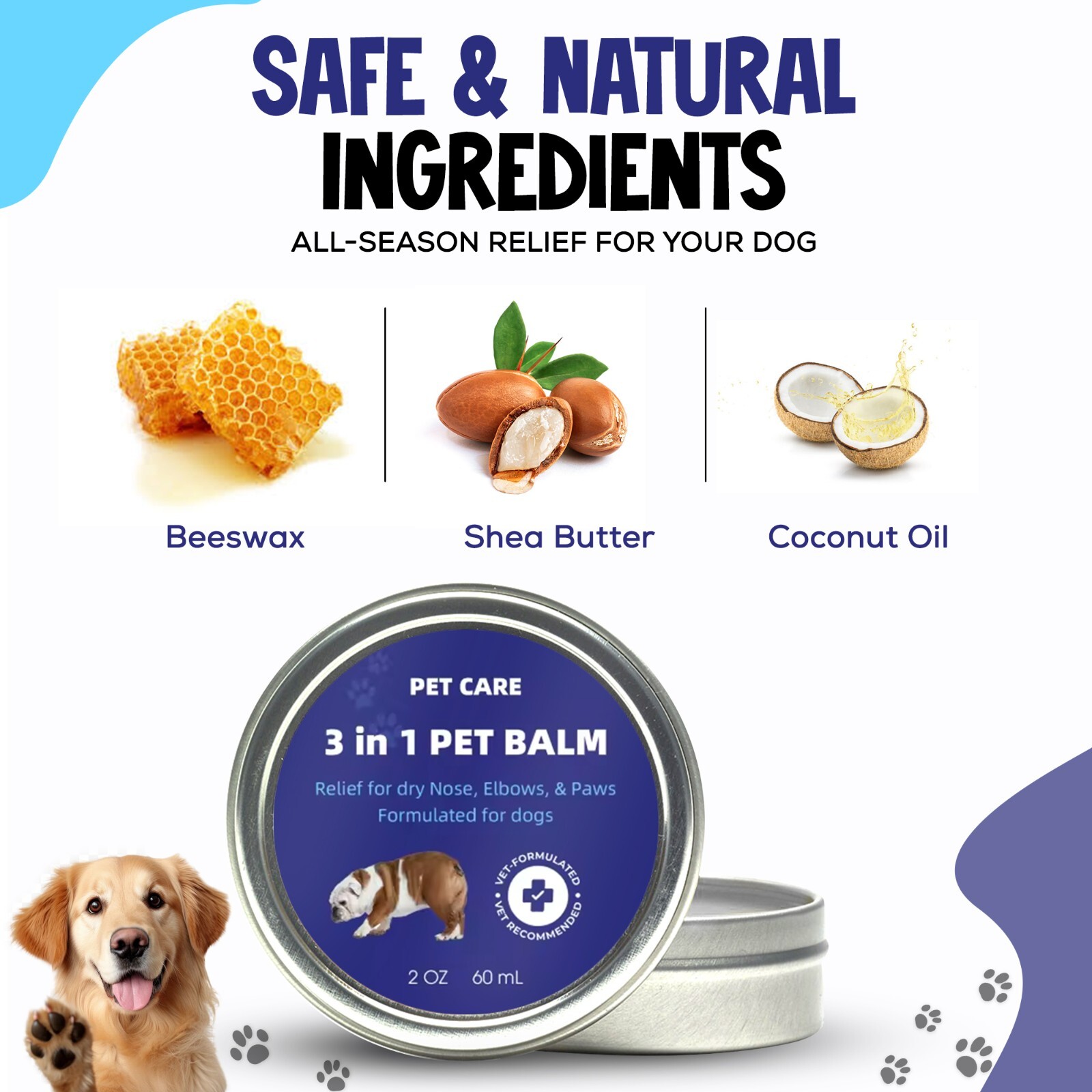 Dog Paw Balm with Shea Butter, Coconut Oil & Beeswax – 3-in-1 Natural Moisturize