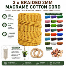 3 x BRAIDED 2mm Macrame Cotton Cord 2 Colours String Rope Craft Jewellery Rustic