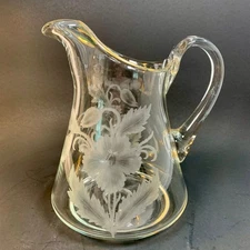 Vintage Hand Blown Etched Flowers Art Glass Pitcher Smooth Pontil Gold Trim
