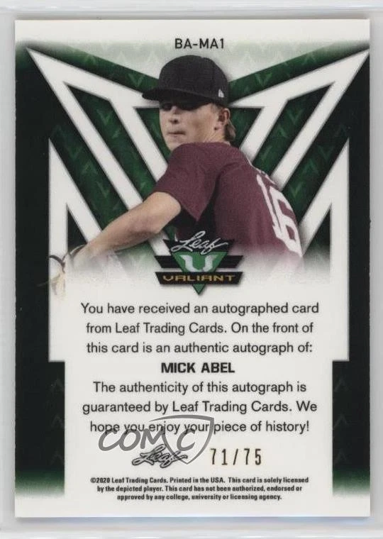 2020 Leaf Valiant Orange Prismatic /75 Mick Abel #BA-MA1 Auto - Image 2 of 2