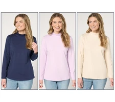 Denim & Co. Essentials 3-Pack Perfect Jersey Long Slv Mock Neck Tops Nvy/Orchd/T