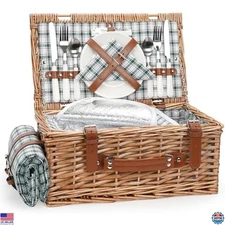 Wicker Picnic Basket Set for 2 with Waterproof Blanket & Insulated Cooler - Red
