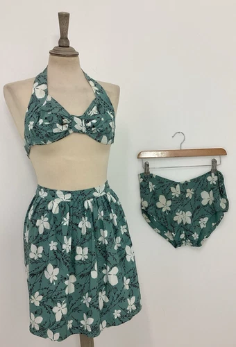 Vintage 1940s Bikini Beach Bra 3-Piece Swim Suit Shorts Skirt Handmade #VB