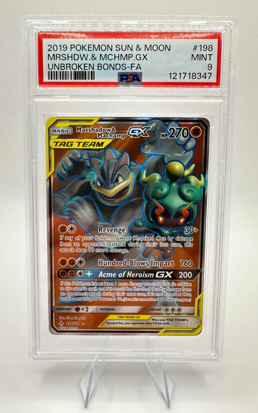 Pokemon S&M Unbroken Bonds 2019 Marshadow & Machamp GX #198 | Tag Team | PSA 9