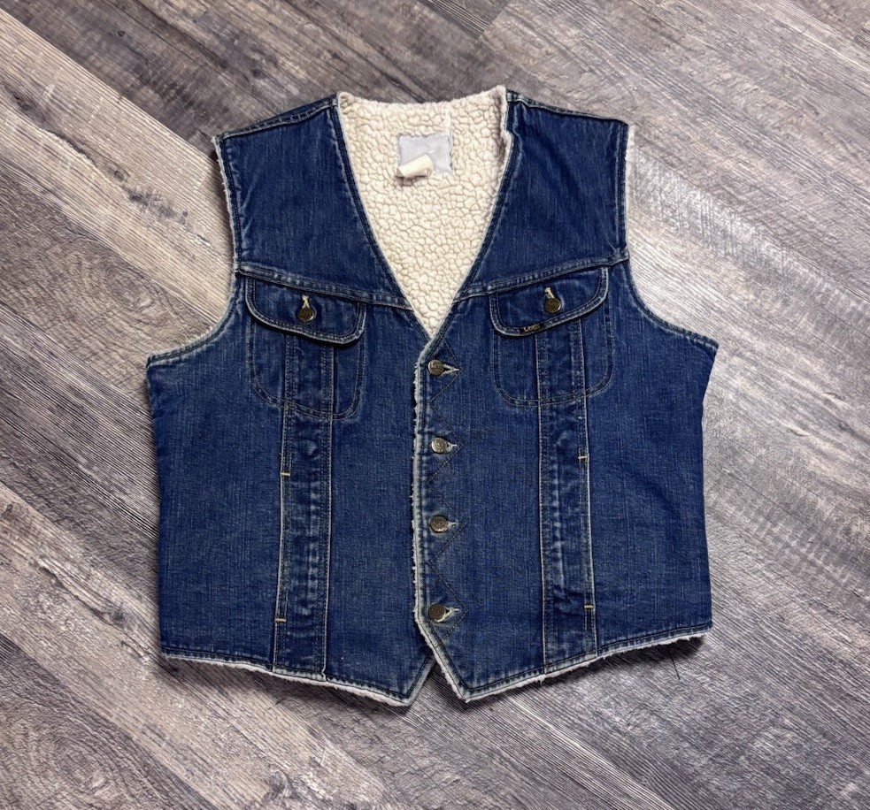 Vintage 70s 80s Lee Storm Rider Blue Denim Sherpa Button-Up Vest Rare USA Large
