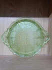 Green Cherry cherries Glass Handled Serving Plate Platter Jeanette Depression