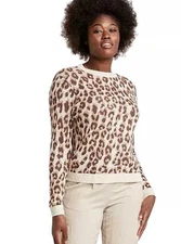 A New Day Women's Camel Leopard Print Long Sleeve Crew Neck Pullover Sweater XS