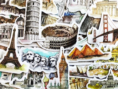 42 World Travel Famous Places Architecture Stickers For Hydro Flash Water Bottle