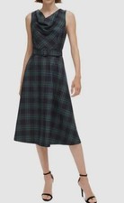 Vince Camuto Women's Blue Plaid Cowl-Neck Fit & Flare Dress Size 14