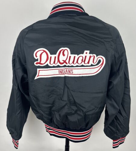 Vintage 80s Varsity Jacket S Black Nylon Bomber Collegiate Red Duquoin Illinois