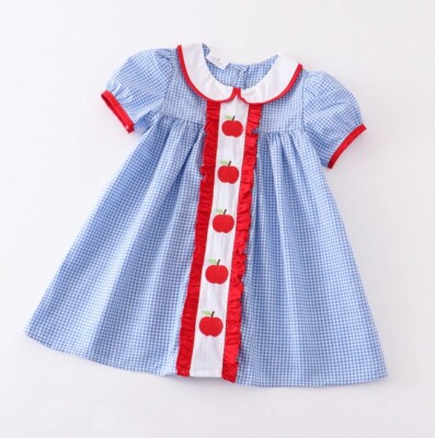 NEW Boutique Back to School Embroidered Apple Blue Gingham Puff Sleeve Dress