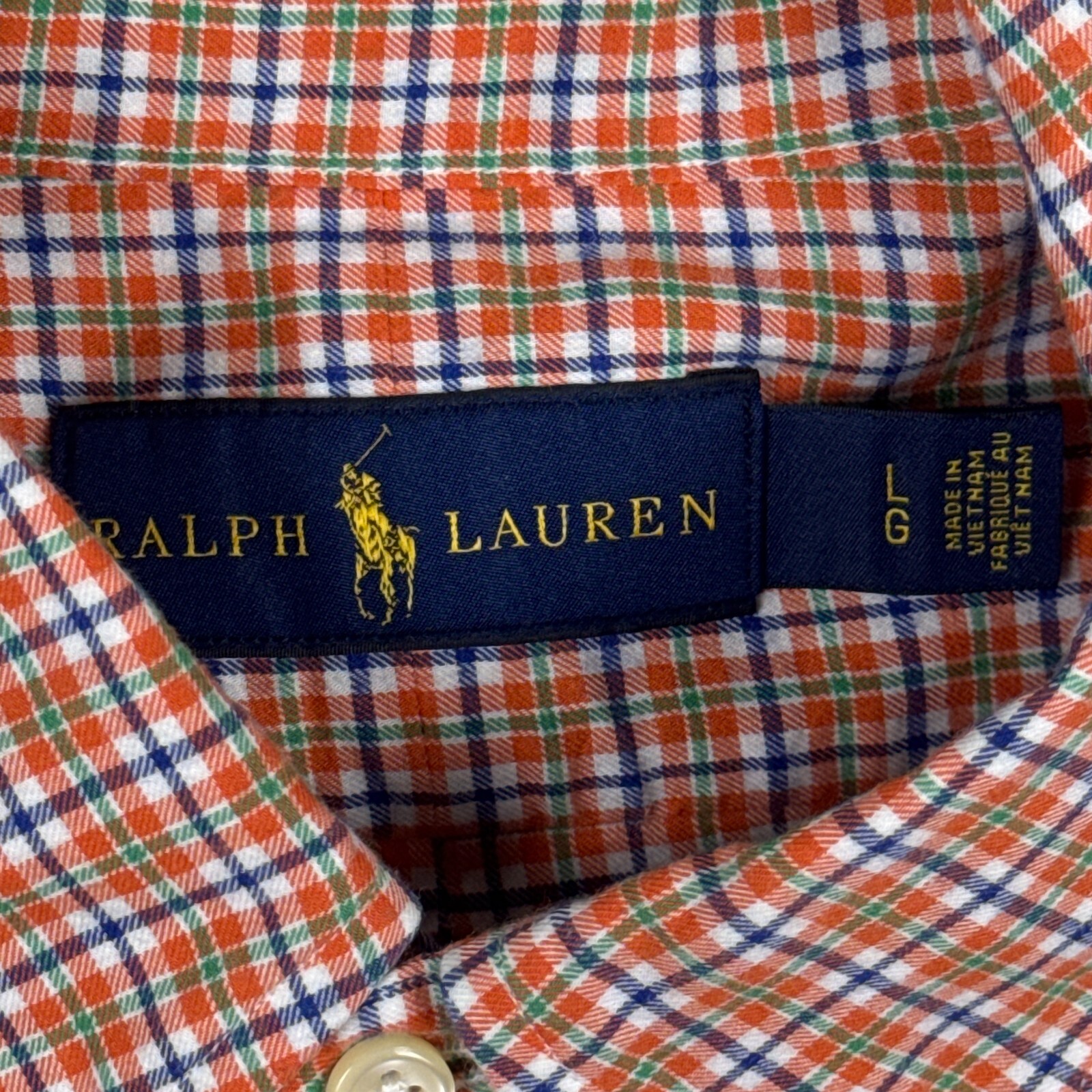 Polo Ralph Lauren Shirt Mens Large Orange Plaid 100% Cotton Casual Green Pony thumbnail 4