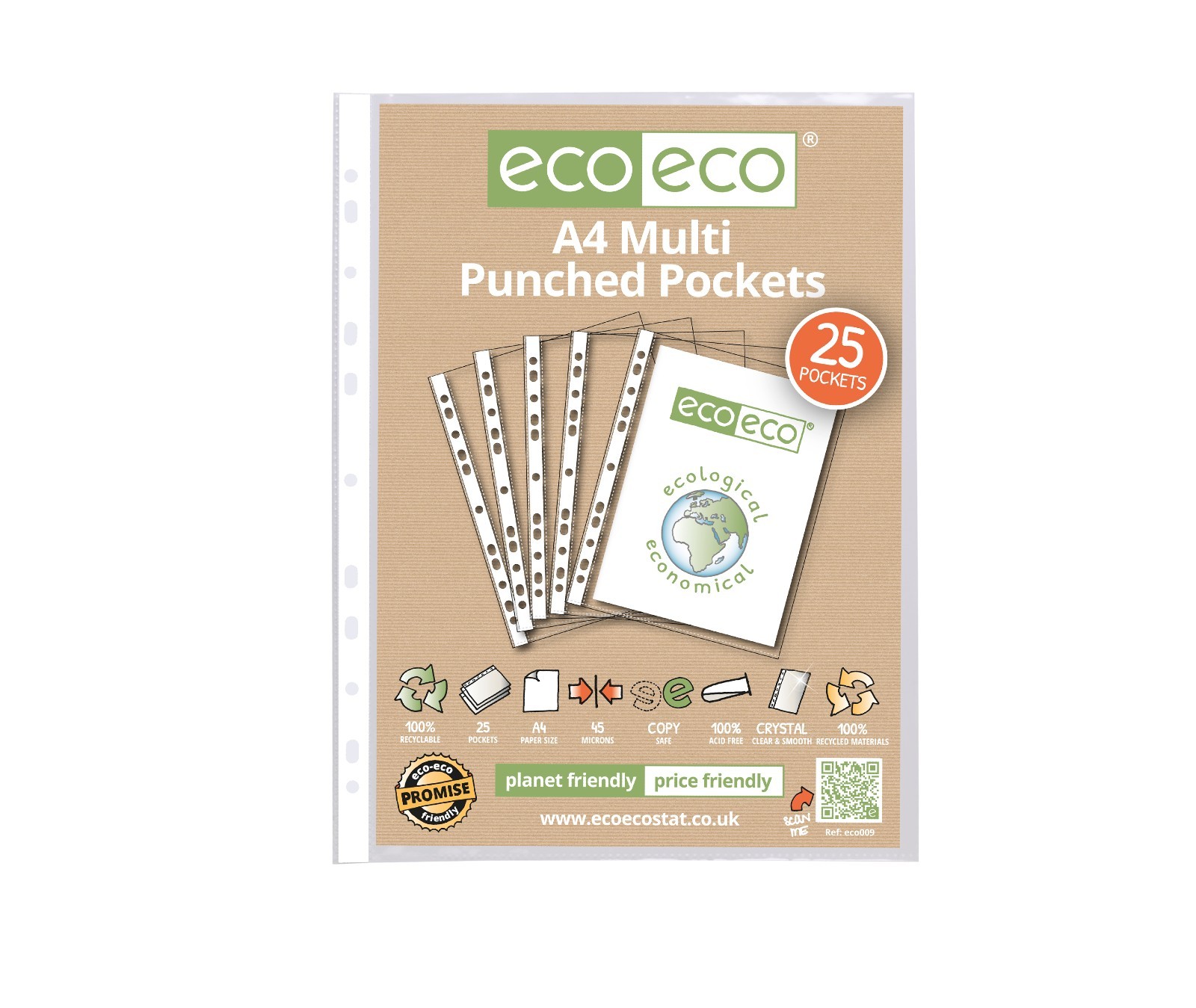 25 x A4 PUNCHED POCKET STRONG SLEEVE GLASS CLEAR SMOOTH PLASTIC WALLETS ECOECO