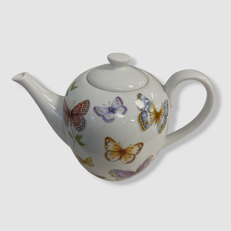 $43 Neiman Marcus White Multicolored Porcelain Butterfly Patterned Teapot - Image 2 of 4