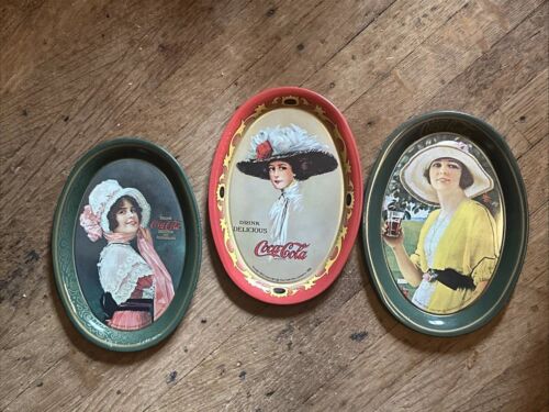 Lot Of 3 1973 Coca Cola Small Vintage Oval Mini Tin Tip Trays 6in x 4.5in