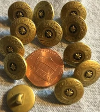 12 Small Brass Tone & Black Plastic Intricate Shank Buttons 1/2" 13mm # 4802