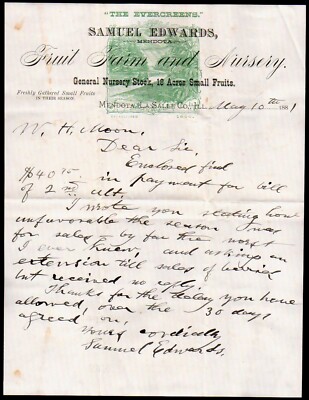 1881 Mendota La - Samuel Edwards - Fruit Farm & Nursery - Rare Letter Head Bill