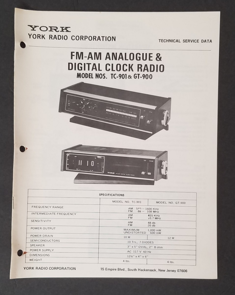 York Model TC-901 FM-AM Analogue Digital Clock Radio Technical
