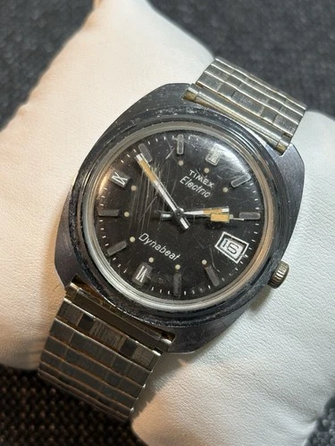 Vintage Timex Electric Dynabeat Watch Men Silver Tone Black Dial New Bat