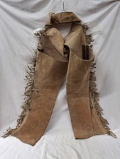 Used Tan Suede Leather Fringed Western Show Chaps US Made Zippers 29-33" Waist