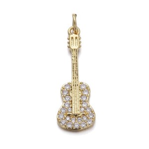 Authentic 2PCS 18K Gold Plated Guitar, Music Charm Pendant, CZ Pave 10X30mm GYJ76