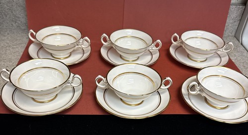 6 Grosvenor "Classic" Creme Schüsseln & Untertassen ~ 2 innere Goldbänder/Goldrand (SH35