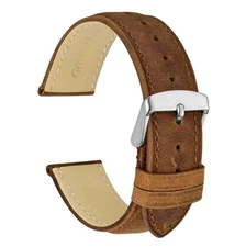 WOCCI 22mm Genuine Leather Watch Band with Silver Buckle (Caramel Brown)