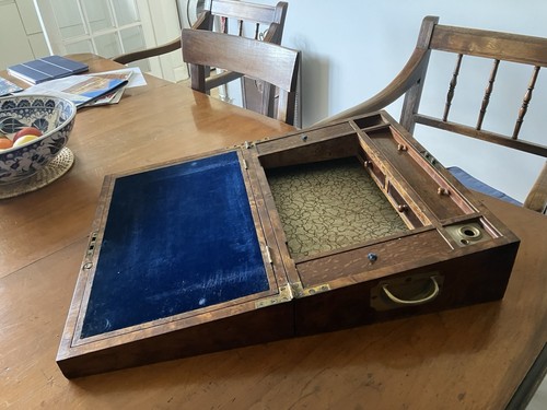 FINE ANTIQUE VICTORIAN C19TH BURR WALNUT CAMPAIGN STYLE WRITING SLOPE BOX - Picture 15 of 15