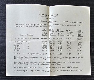 1936 Wesley Hospital Wichita KS Maternity Rate Sheet Birth Costs Vintage Medical