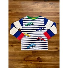 Mini Boden Boys Blue and White Striped Shirt Appliqu d Tractor Forklifts 4/5