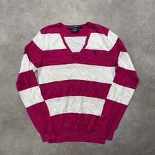 Ralph Lauren Jumper Womens Medium V-Neck Striped Cotton Y2K Sweater, Pink