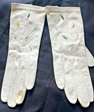 Vintage White Kid Leather Wrist Gloves w Pastel Accents