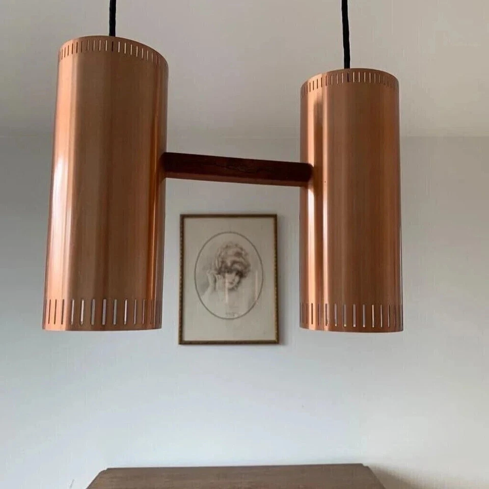 Uma luminária pendente de cobre e teca por Jo Hammerborg | Década de 1960 | Dinamarca - Imagem 2 de 4