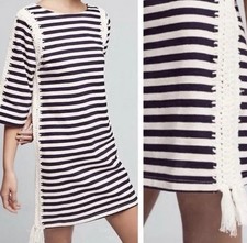 ANTROPOLOGIE PEPIN Nautical Cotton Dress Navy Blue&Ivory Stripe Crochet Trim XS