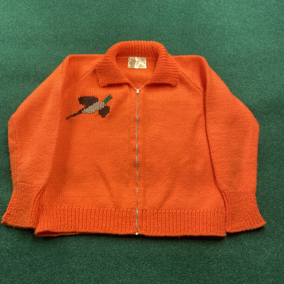 Vintage 50S Cowichan Sweater Mens M Orange 60S Full Zip Heavy Knit Bird Hunting - Image 2 of 4