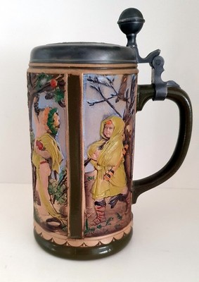 Original Gerz Gerzit Bierkrug Reliefkrug m. Zinndeckel Handarbeit 0,75 l Rarität