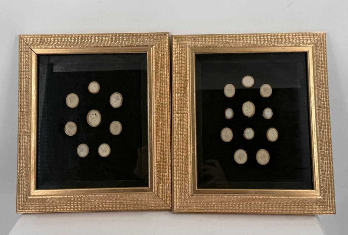 Pair of Framed Antique Grand Tour Plaster Intaglios Cameos Art-Shadow Box